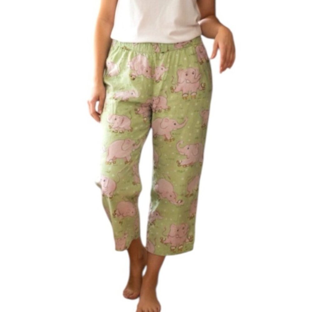 Nick & Nora Green & Pink Elephants Roller Skates Capri Pajama Pants Size Large